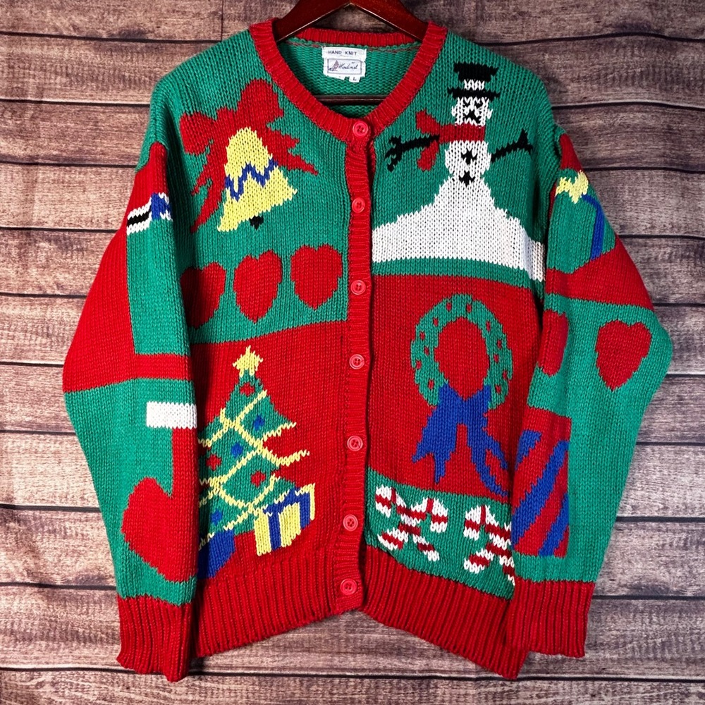 Windcrest Vintage Hand Knit Christmas Cardigan Sweater Red Green Snowman Large